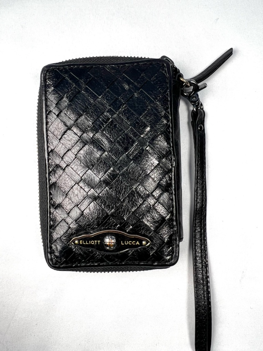 Elliott Lucca Woven Leather Wristlet Wallet Black Zip Around Intrecciato Style